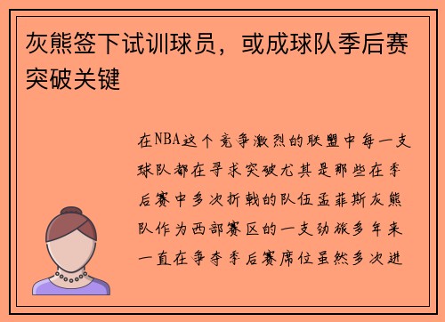 灰熊签下试训球员，或成球队季后赛突破关键